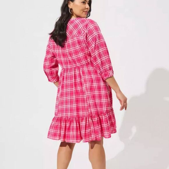 Torrid Womens Plaid Knee Length Dress 4X Pink Tiered Cottagecore 3/4 Sleeve NWT - Picture 11 of 11
